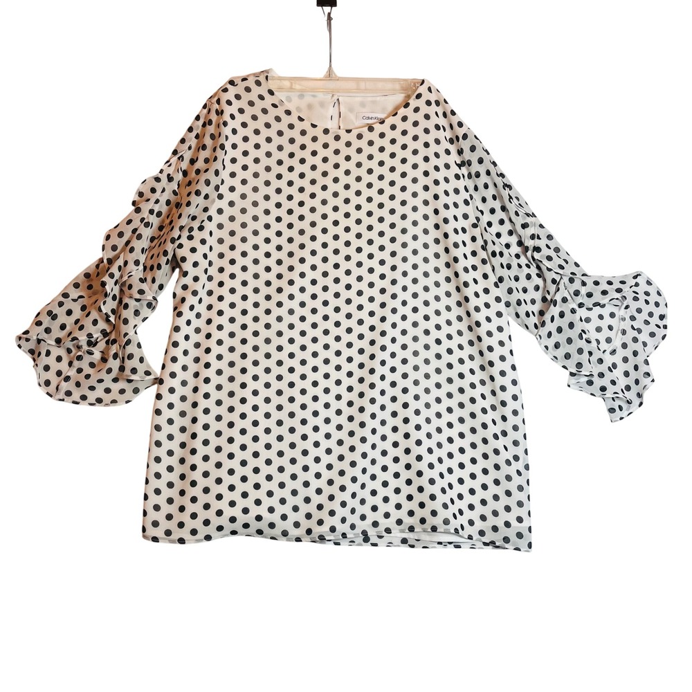 Calvin Klein Womens Polka Dot Ruffle Sleeve Blouse White Black L M9CAZ681
